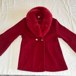 Source Unknown Girls' Red Pea Coat with Faux-Fur Collar